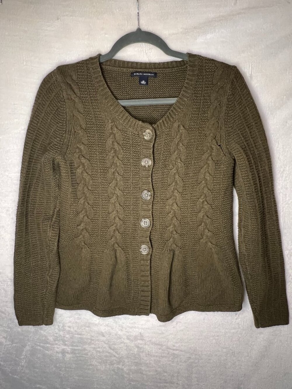Banana Republic, peplum, khaki green knit cardigan Sz M